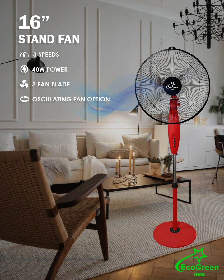 Floor Standing Pedestal smart 16 Inch 3 blades 3 Speed Red Eco Air Cooling Fan