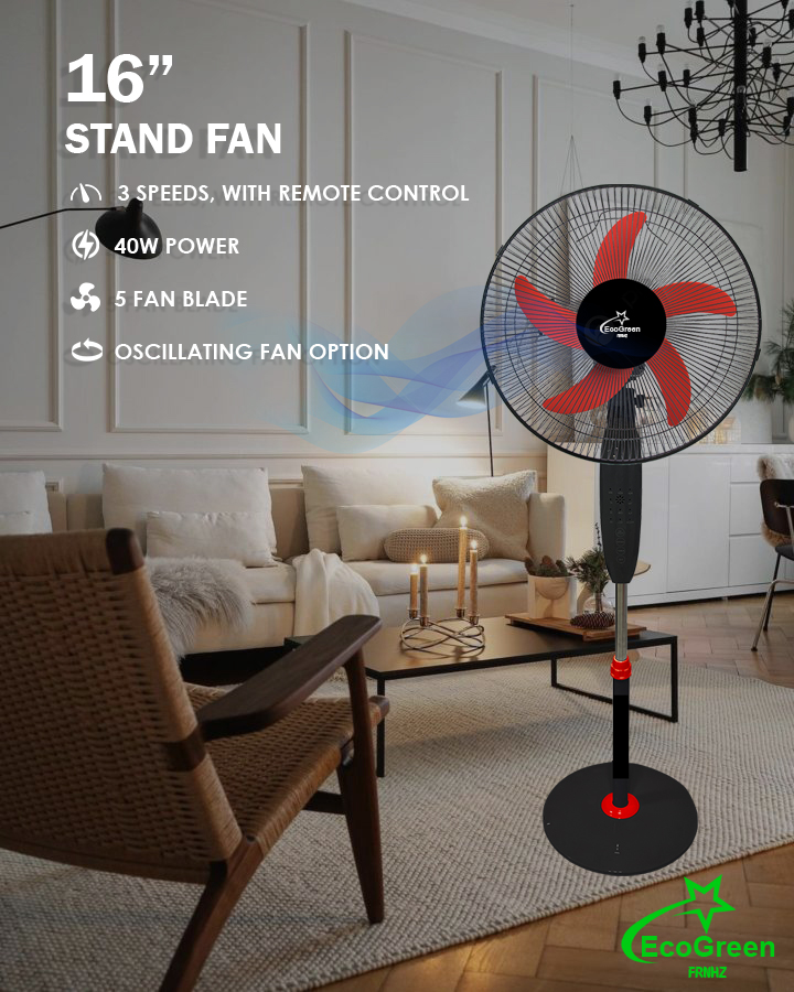 Floor Standing Pedestal 16 Inch Black 5 blades Red Air Cooling with remote control Fan