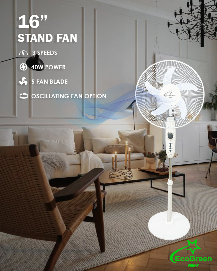 Floor Standing Pedestal smart 16 Inch 5 blades 3 Speed White Eco Air Cooling Fan