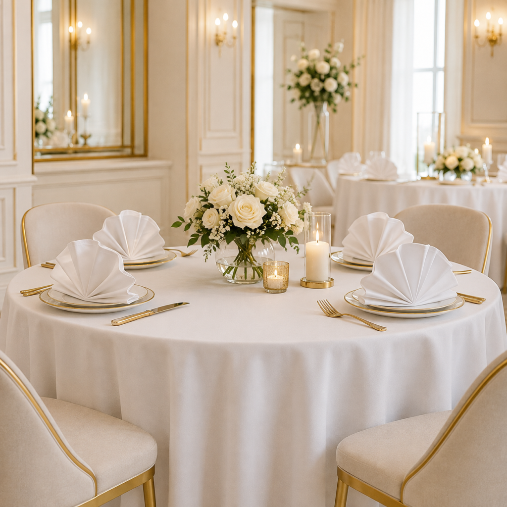 Round banquet tables dressed with white tablecloths and folded napkins, UK Linen House table linen