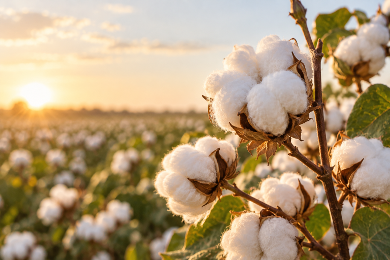 Ripe cotton bolls in a cotton field at sunset, the natural fibre behind Linen House linen