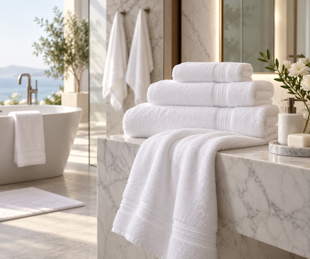 Stack of white cotton hotel bath towels in a marble hotel bathroom, UK Linen House