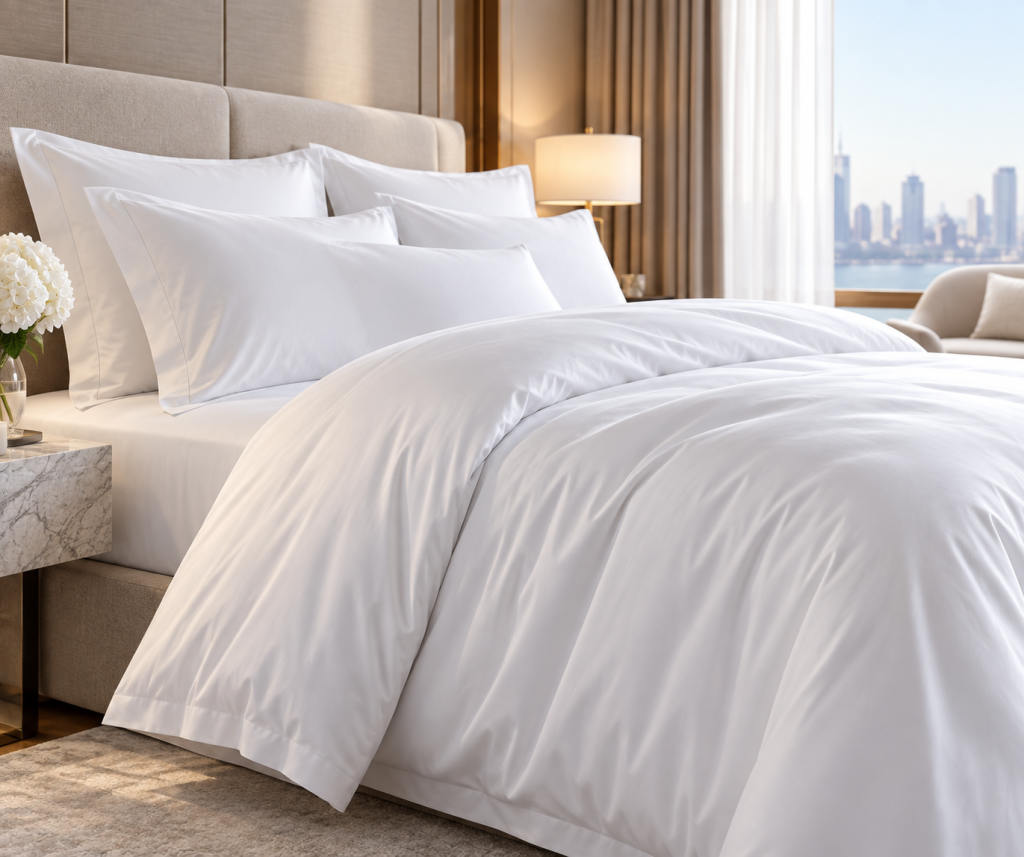 White hotel bed linen: duvet cover, flat sheets and pillowcases on a made hotel bed, UK Linen House