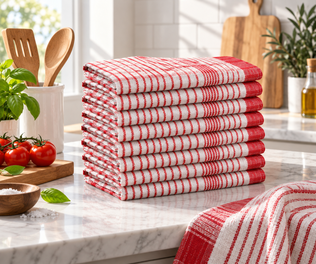 Stack of red and white check tea towels on a kitchen worktop, UK Linen House kitchen linen