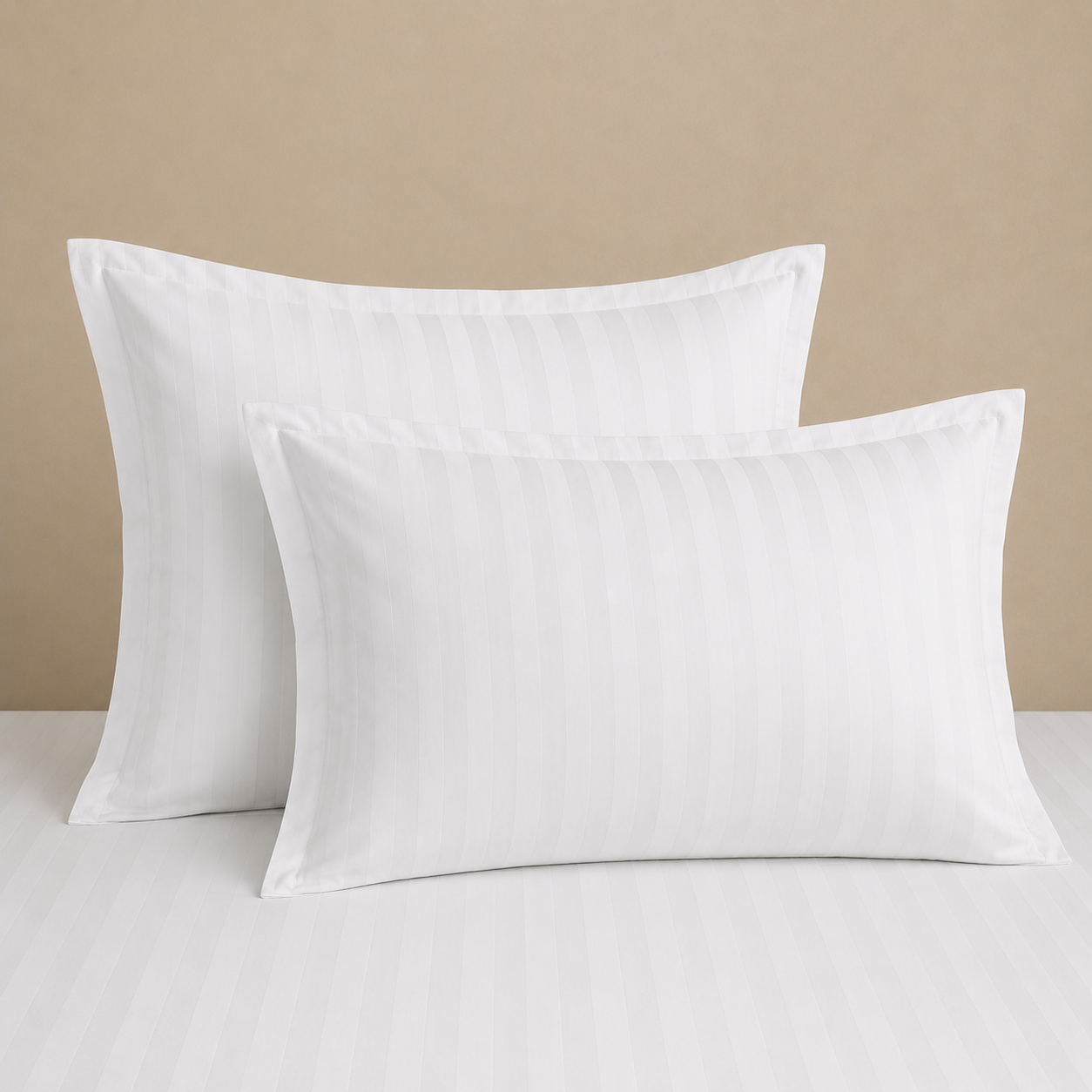 Bag-style hotel pillow case in T-200 fabric with 1 inch satin stripe, supplied by Linen House