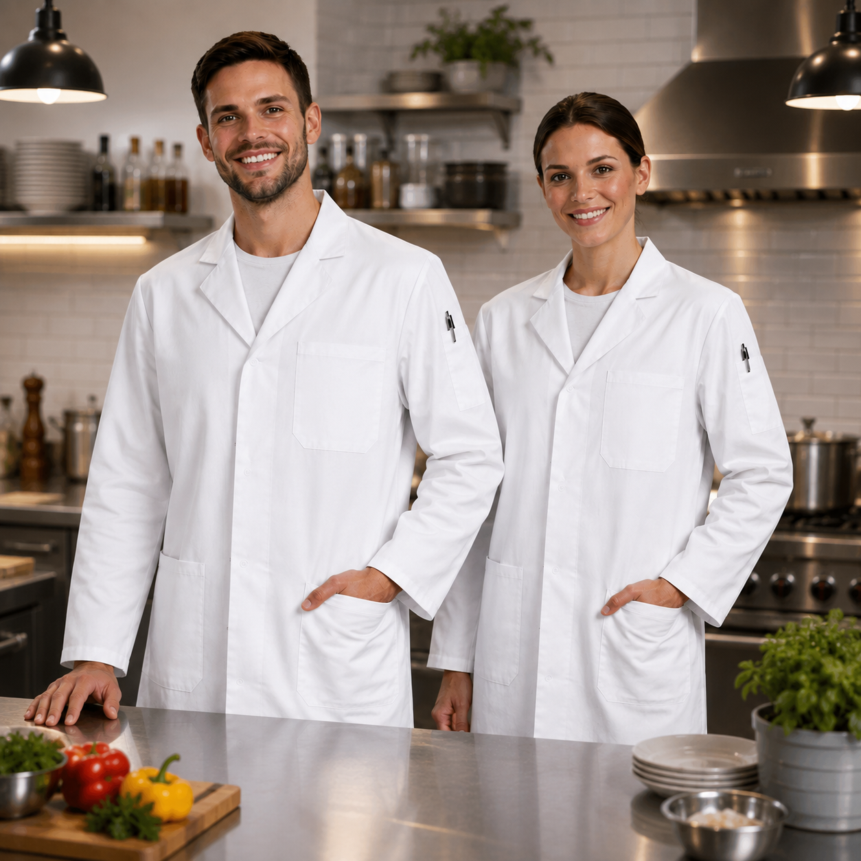 Unisex white long-sleeve work coat for kitchens, labs and medical settings, supplied by Linen House