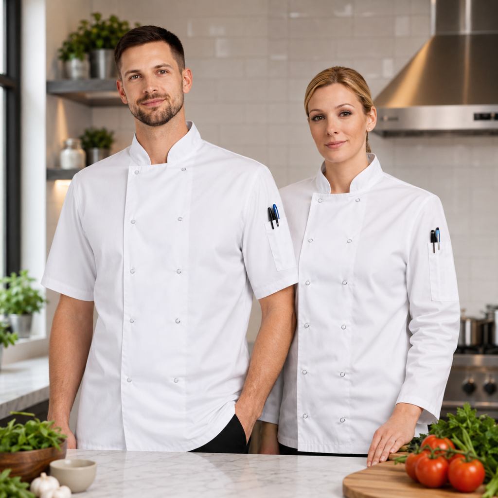Two chefs wearing white chef jackets in a commercial kitchen, UK Linen House work wear